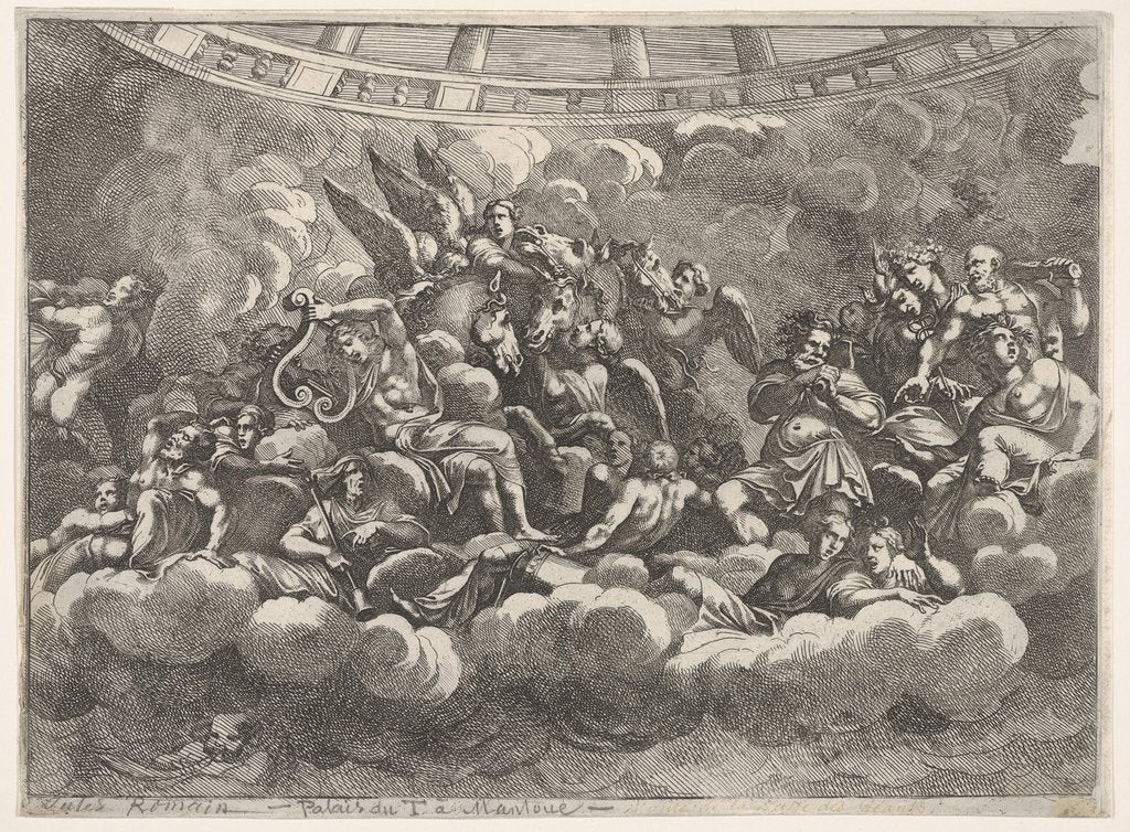 Detail of Gathering of various Olympian gods and mythological figures among clouds, Apollo at ce…, ca. 1680 by Pietro Santi Bartoli