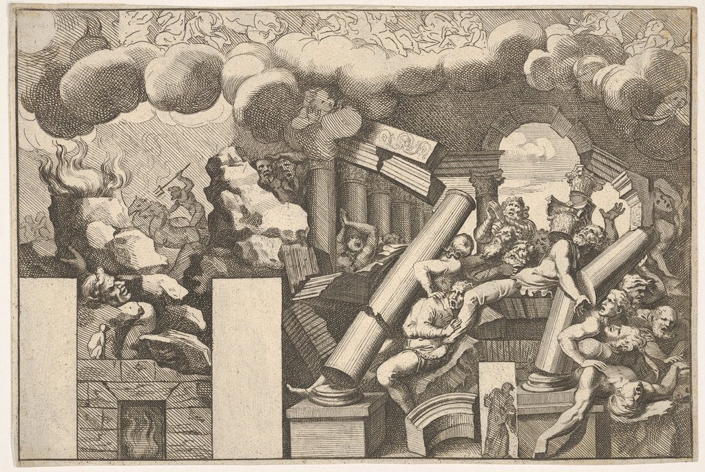 Detail of Giants crushed by rocks and the falling columns of the temple, clouds of smoke above…, ca. 1680 by Pietro Santi Bartoli