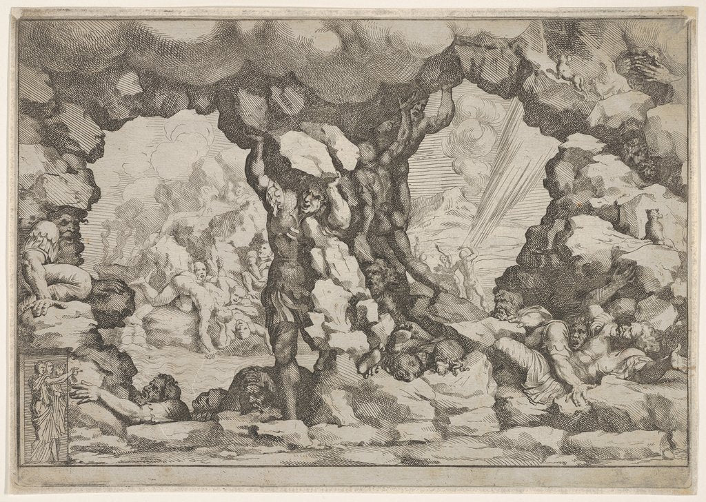 Detail of A giant heaving a boulder at center, other giants to left and right struggling and rec…, ca. 1680 by Pietro Santi Bartoli