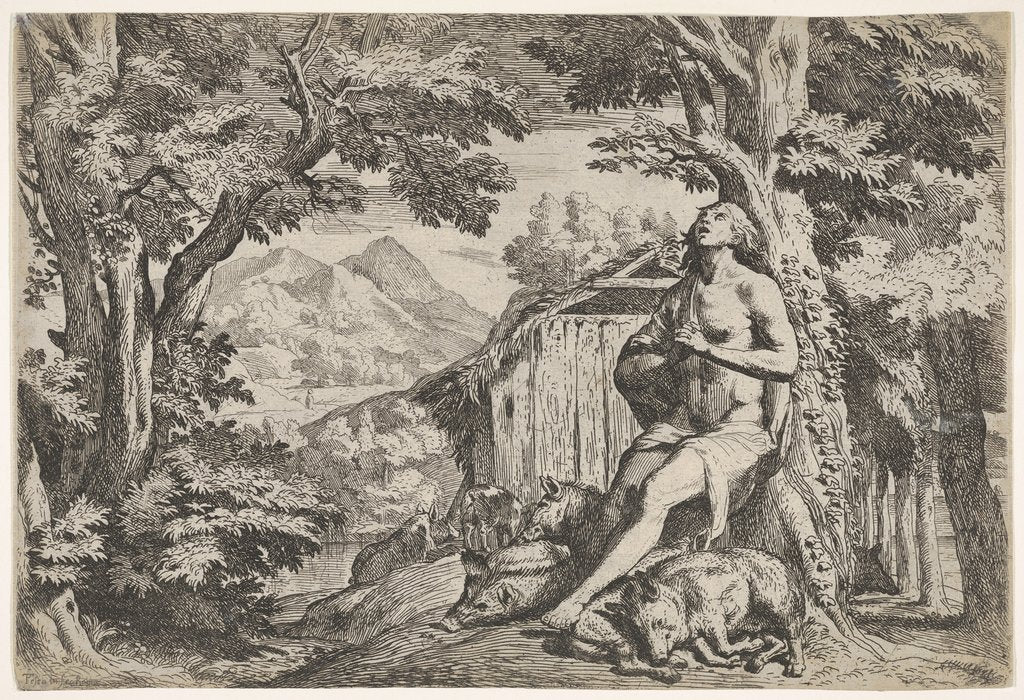 Detail of The prodigal son seated at the base of a tree among swine, his gaze directed upward…, ca. 1640-50 by Pietro Testa
