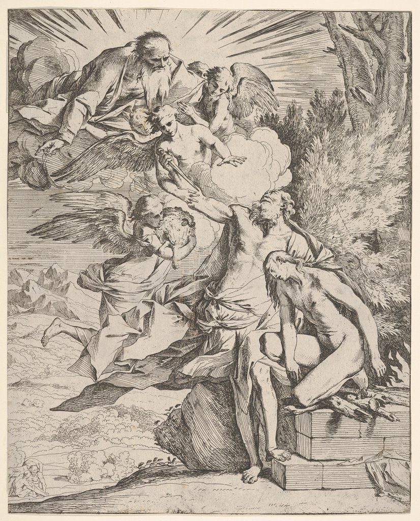 Detail of Sacrifice of Isaac: an angel presses against the dagger-bearing arm of Abraham, who …, ca.1645-50 by Pietro Testa