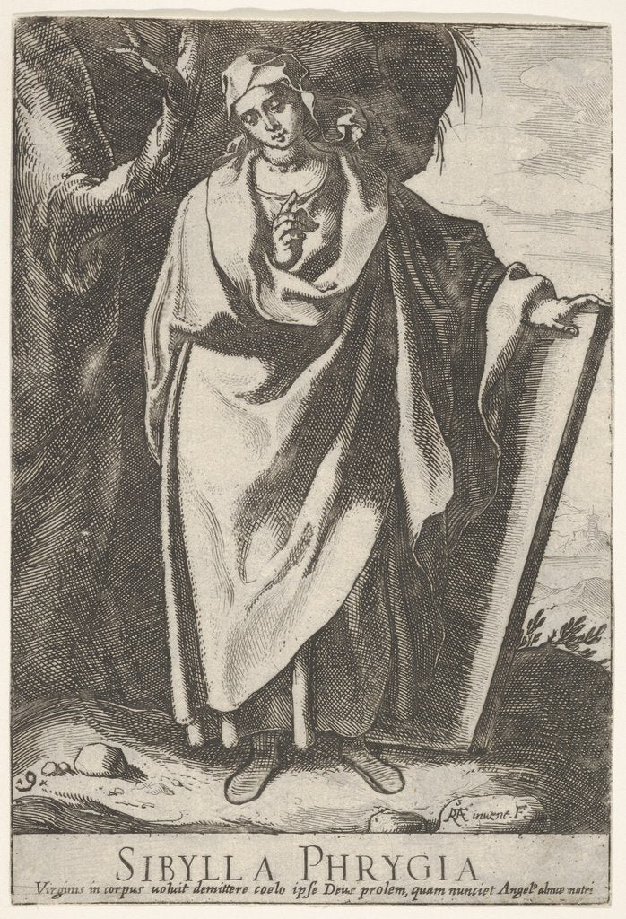 Detail of Plate 9: the Phrygian Sibyl holding the top of a tablet with her left hand and pointing wi…, 1609 by Raffaello Schiaminossi