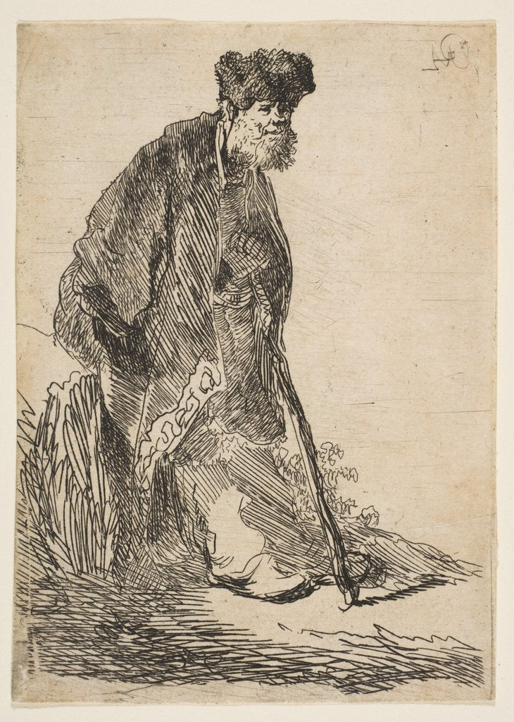 Detail of Man in a Coat and Fur Cap Leaning against a Bank, ca. 1630 by Rembrandt Harmensz van Rijn