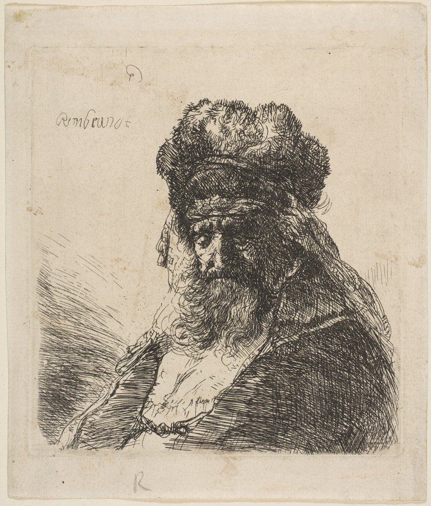 Detail of The Old Bearded Man in a High Fur Cap, with Eyes Closed, ca. 1635 by Rembrandt Harmensz van Rijn