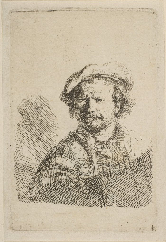 Detail of Self-Portrait in a Flat Cap and Embroidered Dress, ca. 1642 by Rembrandt Harmensz van Rijn