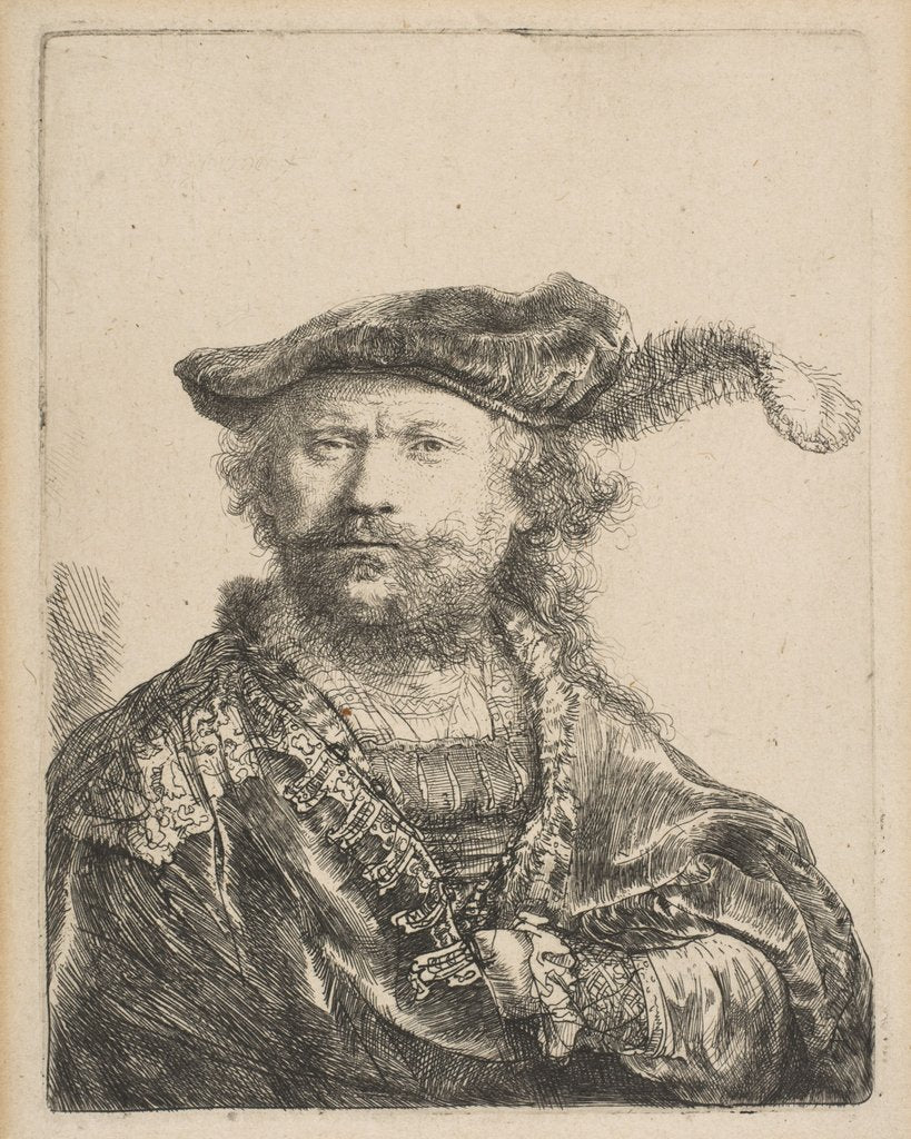 Detail of Self-Portrait in a Velvet Cap with Plume, 1638 by Rembrandt Harmensz van Rijn