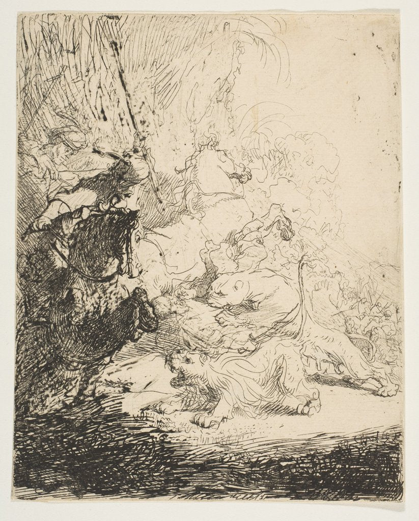 Detail of The small lion hunt, with two lions, ca. 1632 by Rembrandt Harmensz van Rijn