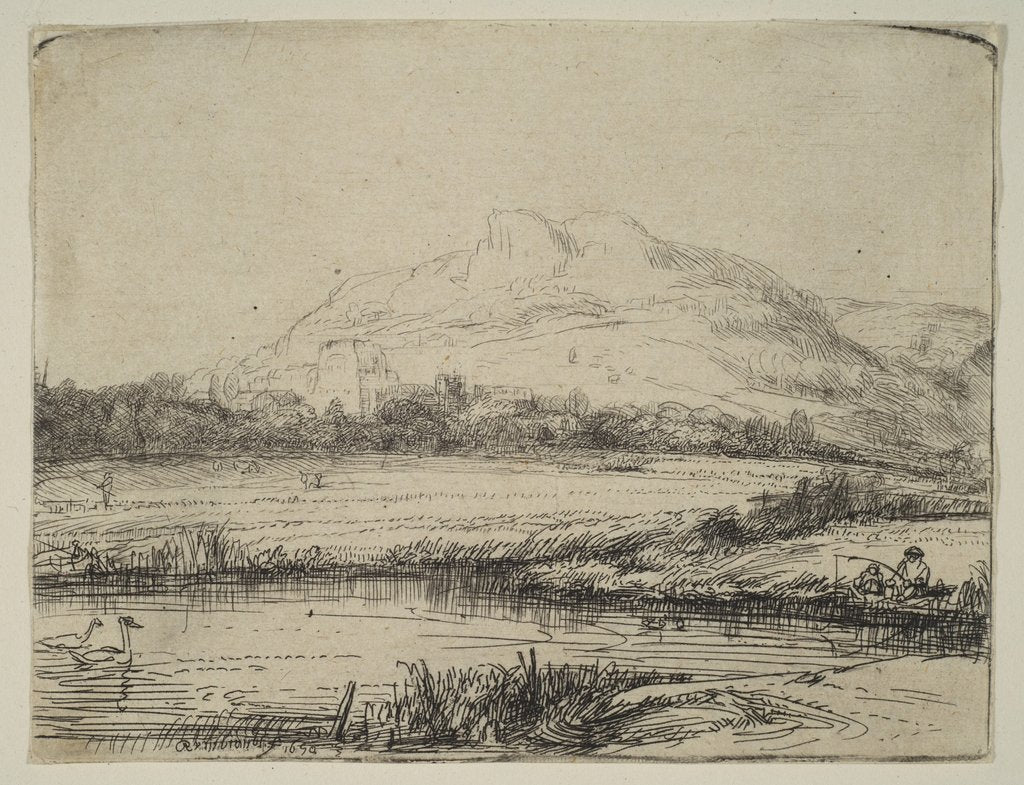 Detail of Canal with an Angler and Two Swans, 1650 by Rembrandt Harmensz van Rijn