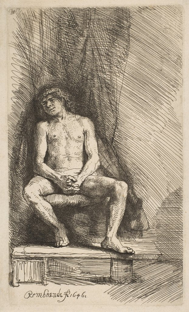 Detail of Nude Man Seated before a Curtain, 1646 by Rembrandt Harmensz van Rijn