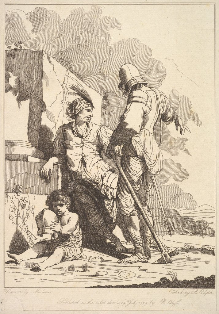 Detail of Two Soldiers and Child Holding a Helmet, July 19, 1779 by Robert Blyth