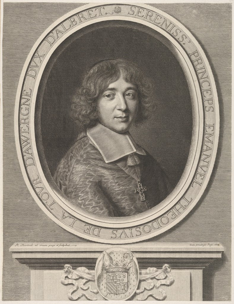 Detail of Emmanuel-Théodose de La Tour d'Auvergne, Le Cardinal de Bouillon, 1668 by Robert Nanteuil