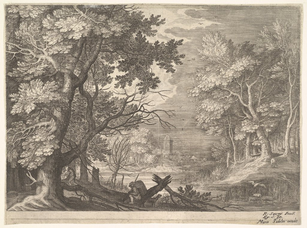 Detail of Woodland scene with marshy banks, two men and a dog in profile at left, two-long-necke…, ca. 1600 by Aegidius Sadeler II