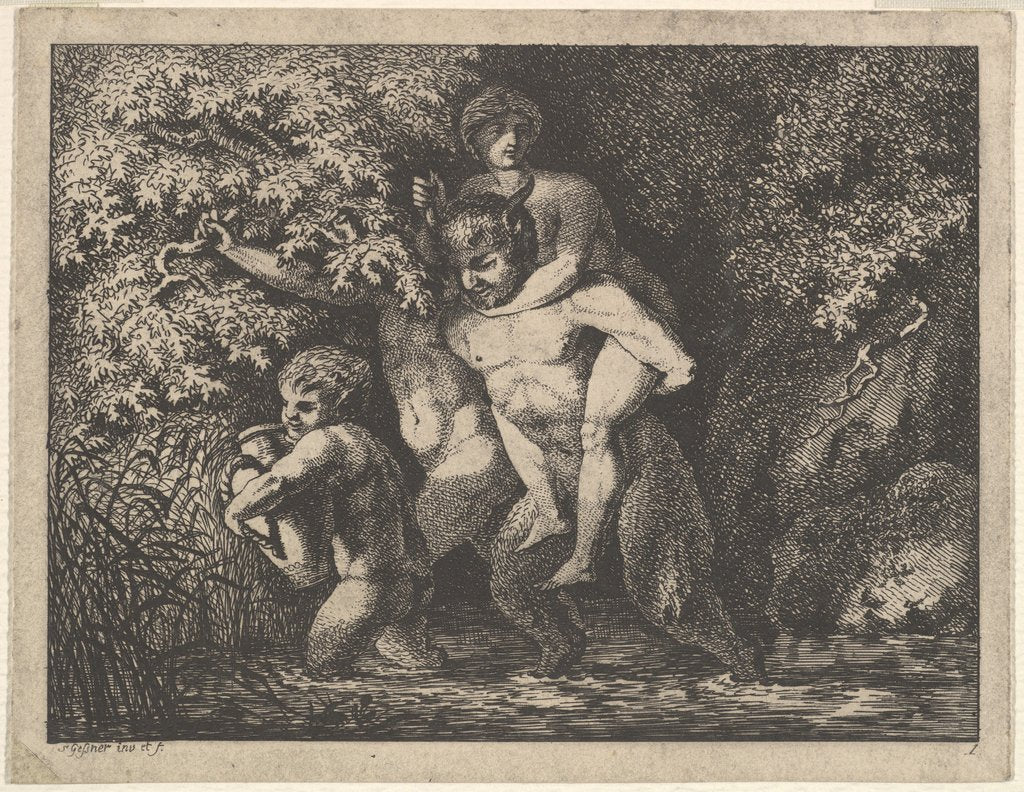 Detail of Satyr family, on the move, 18th Century by Salomon Gessner