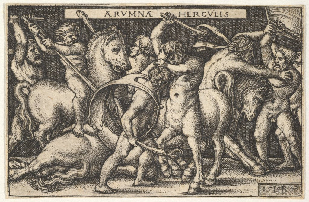 Detail of Hercules with his club in center fighting a centaur, other men fighting centaurs to left a…, 1542 by Sebald Beham