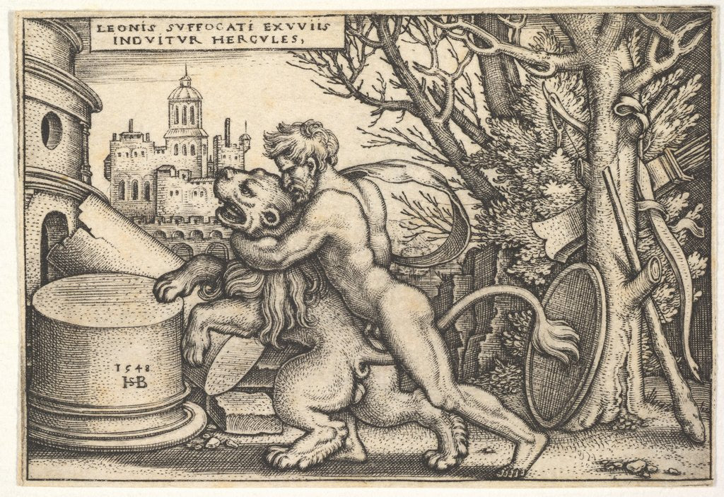 Detail of Hercules, in profile, killing the Nemean lion with his arm around its neck, from 'The labo…, 1548 by Sebald Beham