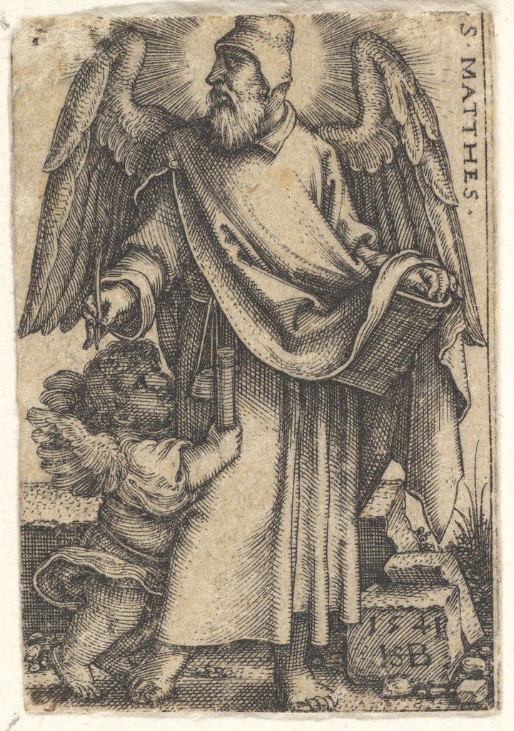 Detail of Plate 1: Saint Matthew with his head turned in profile to the left, a cherub at bottom lef…, 1541 by Sebald Beham