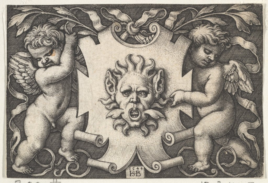 Detail of A Mask on an Escutcheon Supported by Two Genii, 1544 by Sebald Beham