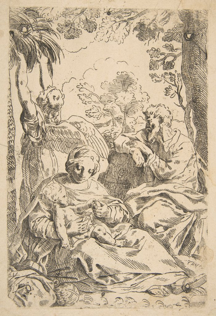 Detail of Repose in Egypt, Holy Family seated while an angel pulls at tree branche…, ca. 1637-1639 or after by Unknown