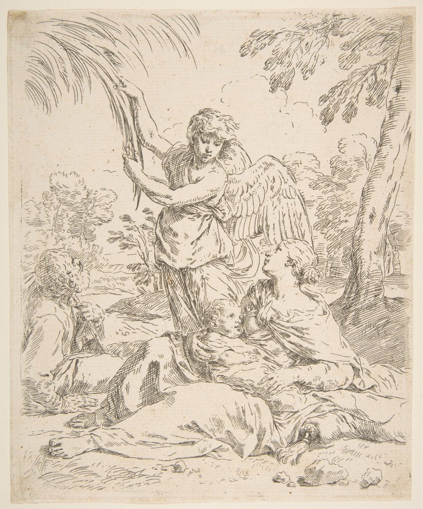Detail of Repose in Egypt, Mary nursing the infant Christ while an angel pulls at tree branches, ca. 1639 by Simone Cantarini