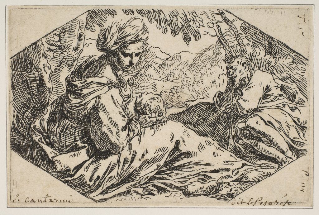 Detail of Repose in Egypt, Mary holding and looking at the infant Christ while St. Joseph s…, ca. 1637-1639 by Simone Cantarini