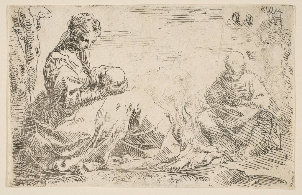 Detail of Rest on the flight into Egypt, Mary holding and looking at the infant Christ while St…., ca. 1637 by Simone Cantarini