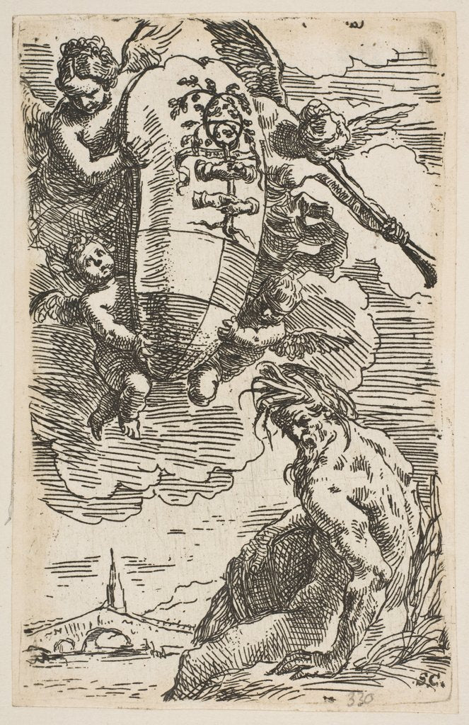 Detail of Allegory of the Foglia River with the city of Pesaro's coat of arms, frontispiece for …, ca. 1639 by Simone Cantarini