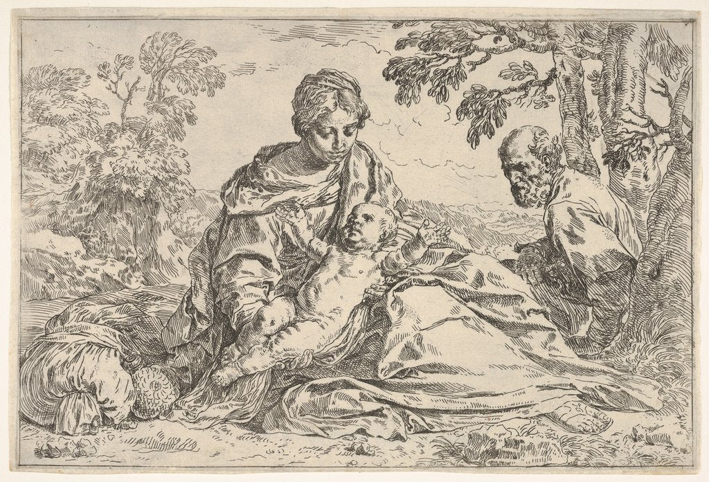 Detail of Rest on the flight into Egypt, Mary holding the infant Christ with St. Joseph…, ca. 1640 or after by Unknown