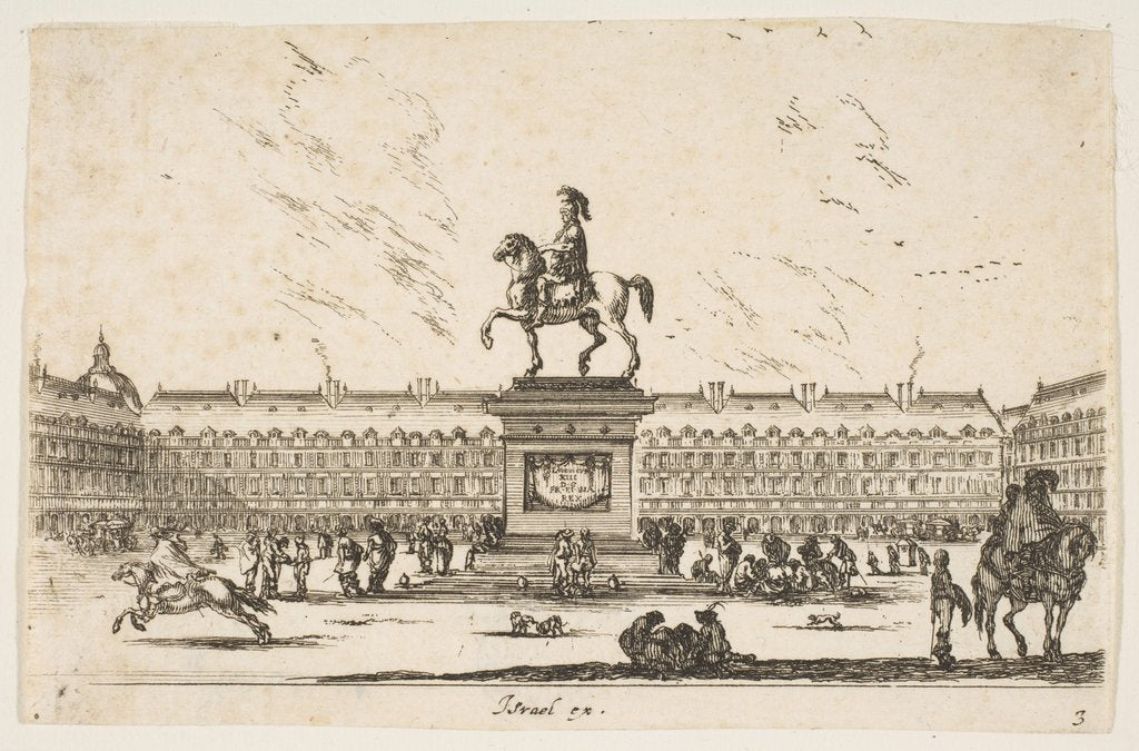 Detail of Plate 3: La Place Royale, equestrian statue of Louis XIII in profile facing the left in ce…, 1642 by Stefano della Bella