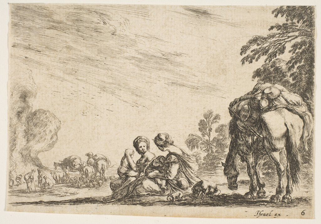 Detail of Plate 6: two women, one nursing a child, seated next to a dog and a horse carrying a pack…, 1642 by Stefano della Bella
