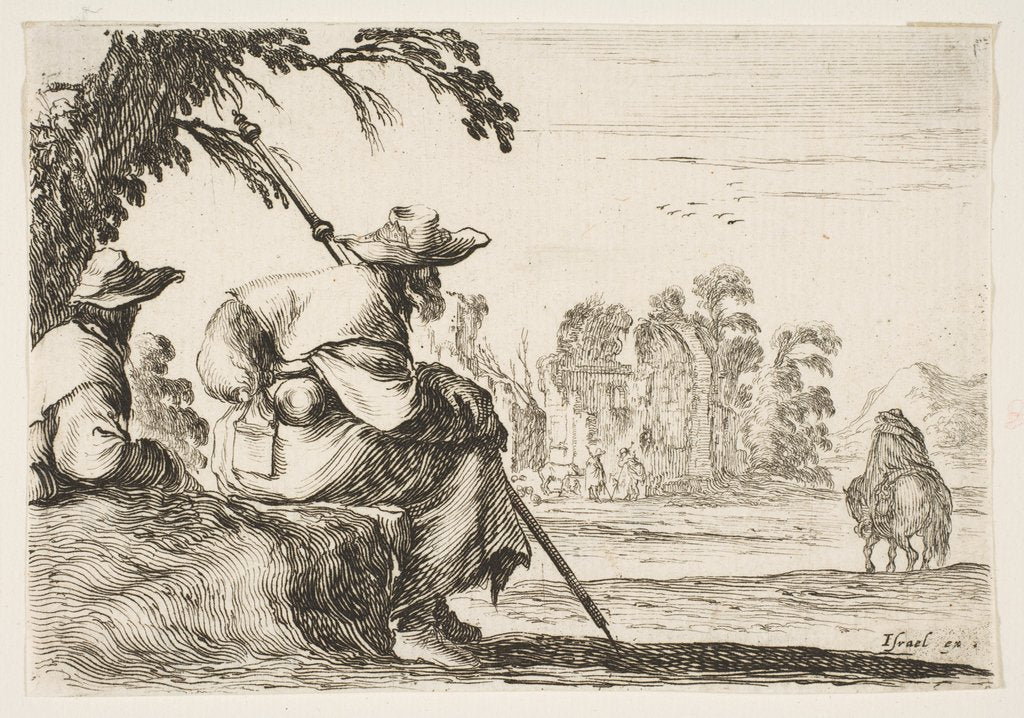 Detail of Plate 5: two pilgrims with hats rest to the left, seen from behind, a horseman rides towar…, 1642 by Stefano della Bella