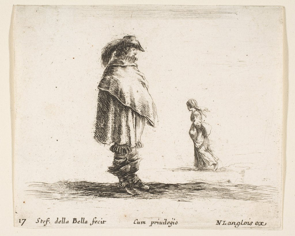 Detail of Plate 17: a man wearing a plumed hat in center facing right, a woman walking toward…, ca. 1644-47 by Stefano della Bella