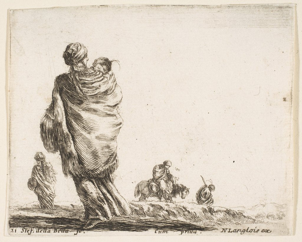 Detail of Plate 21: a poor woman to left, seen from behind, enveloping her child in a shawl…, ca. 1644-47 by Stefano della Bella
