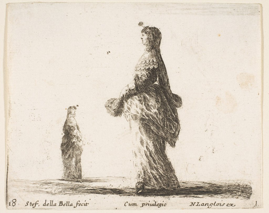 Detail of Plate 18: a noblewoman walking towards the left with a feathered fan, another woman…, ca. 1644-47 by Stefano della Bella