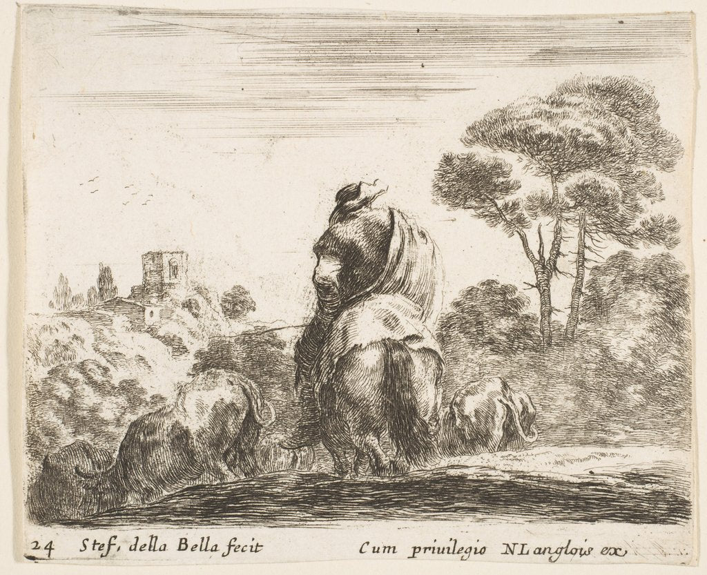 Detail of Plate 24: herdsman atop a horse, seen from behind, leads his cattle down a hill, a …, ca. 1644-47 by Stefano della Bella