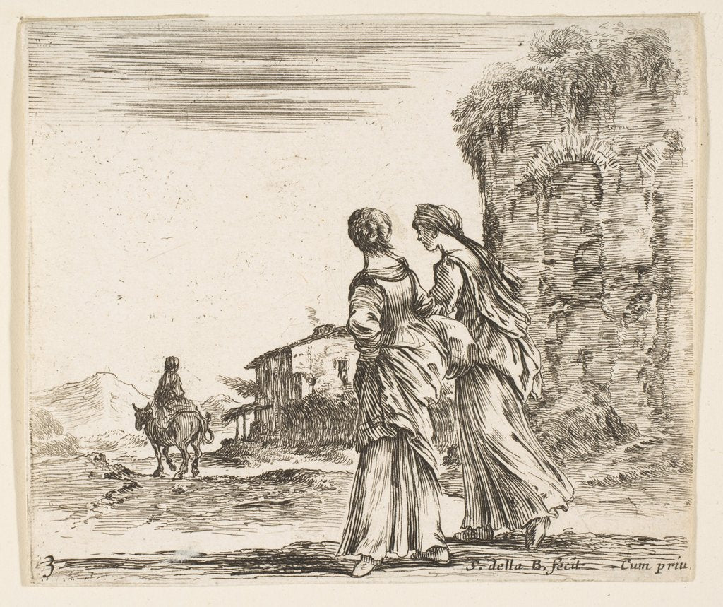 Detail of Plate 3: two girls walking towards the left, seen from behind, a woman on a horse t…, ca. 1644-47 by Stefano della Bella