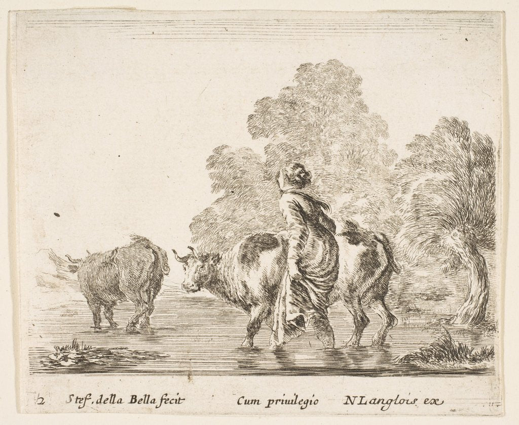 Detail of Plate 2: a peasant woman herds two cows across a stream, walking towards the left…, ca. 1644-47 by Stefano della Bella