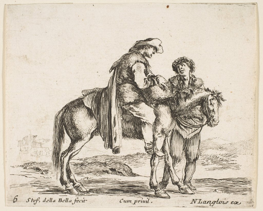Detail of Plate 6: a peasant on horseback in profile facing the right, holding a basket and t…, ca. 1644-47 by Stefano della Bella