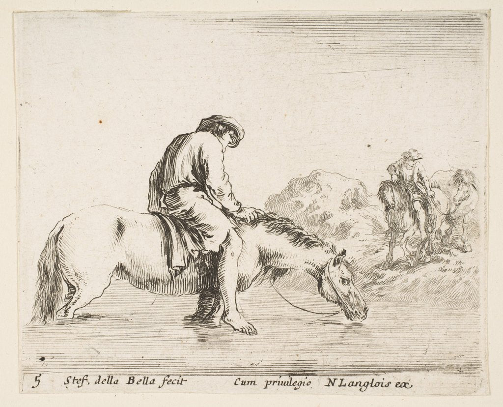 Detail of Plate 5: a barefoot peasant on horseback crossing a river, another peasant on horse…, ca. 1644-47 by Stefano della Bella