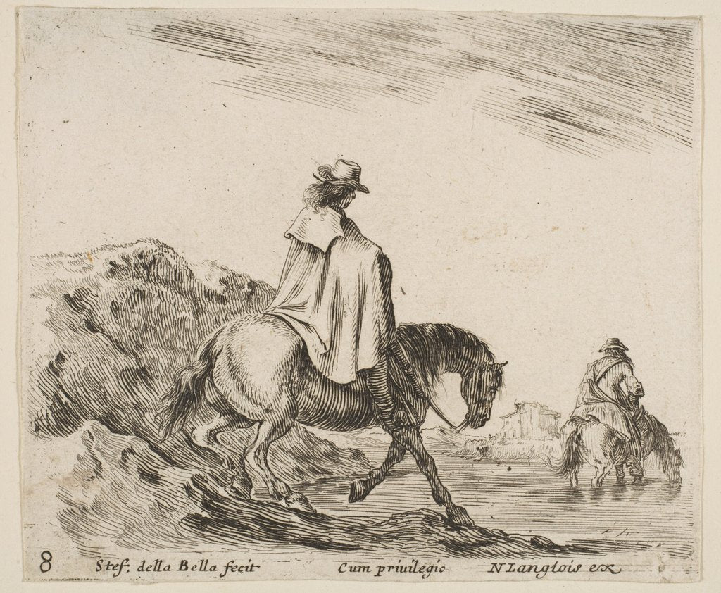 Detail of Plate 8: a horseman descends a riverbank, another horseman in river to right, from …, ca. 1644-47 by Stefano della Bella