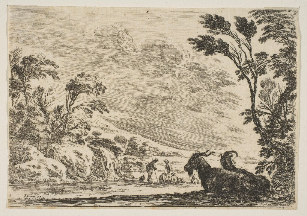 Detail of Plate 9: Two goats resting to right, turned towards the left, four men and a horse in a ri…, 1642 by Stefano della Bella