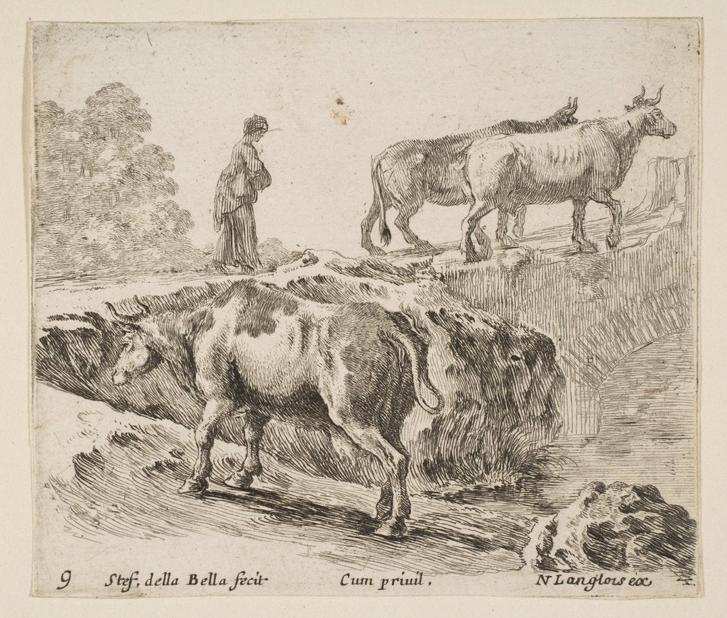 Detail of Plate 9: a cow ascending a bank, a peasant woman leading two cows across a bridge i…, ca. 1644-47 by Stefano della Bella