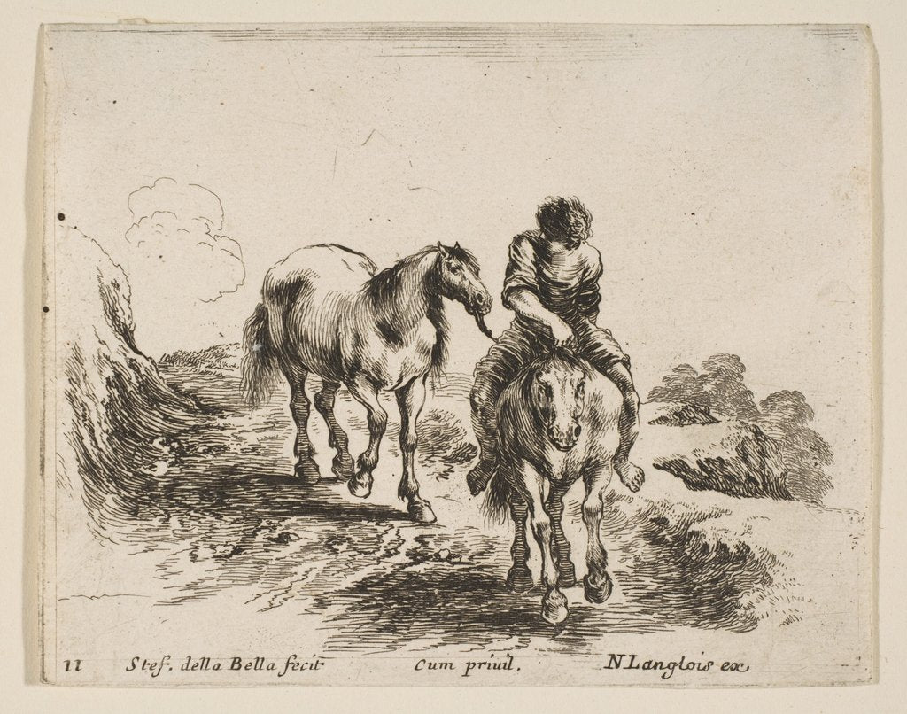Detail of Plate 11: a young horseman, seen from the front, leading another horse, from 'Diver…, ca. 1644-47 by Stefano della Bella