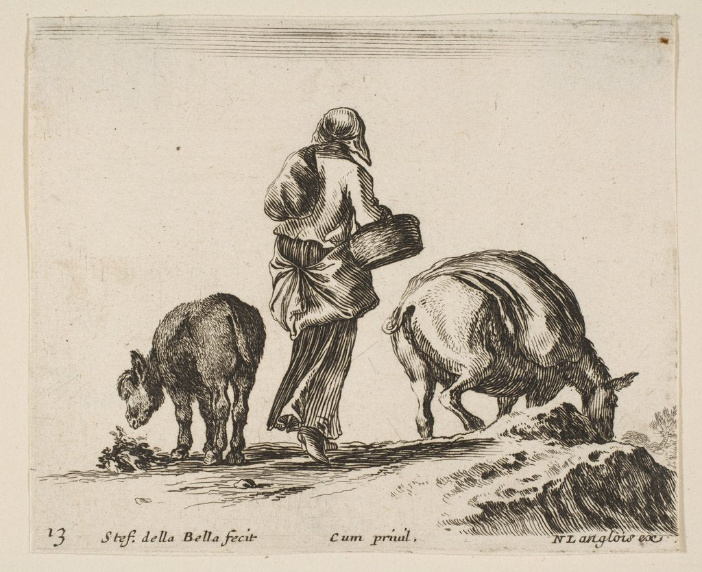 Detail of Plate 13: a peasant woman, seen from the back, holding a basket in center, a donkey…, ca. 1644-47 by Stefano della Bella