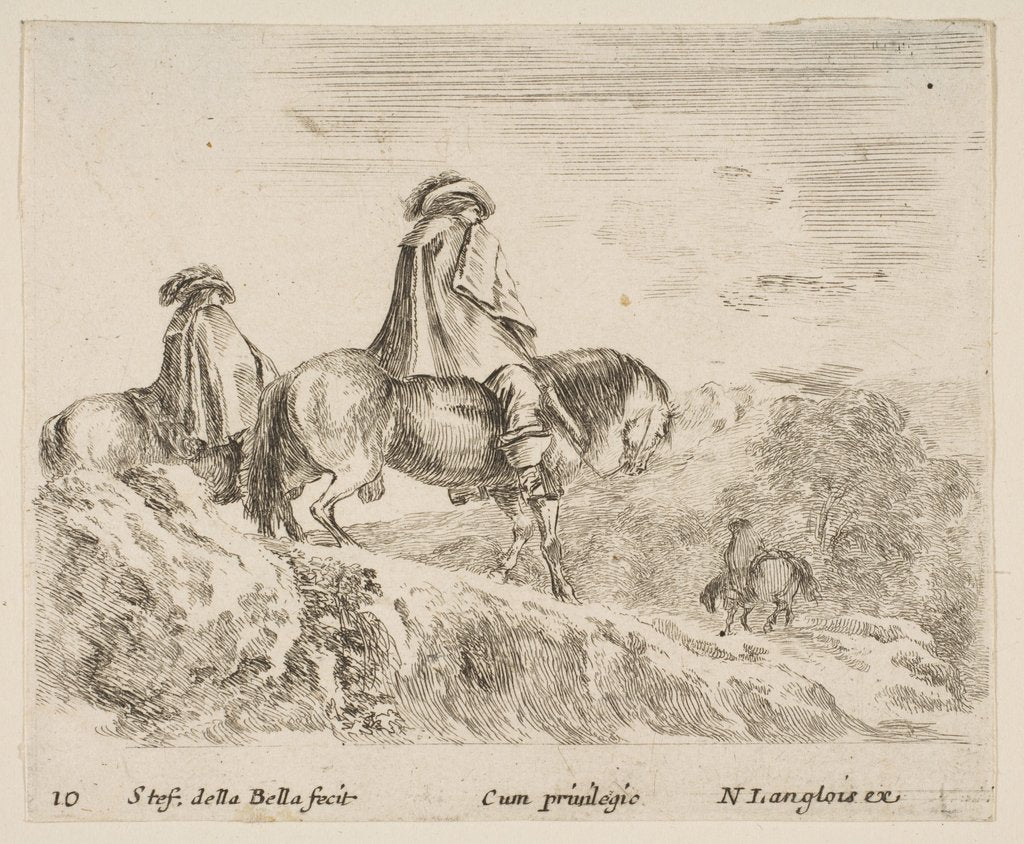 Detail of Plate 10: two horsemen descending a mountain at left, another horseman to right in …, ca. 1644-47 by Stefano della Bella