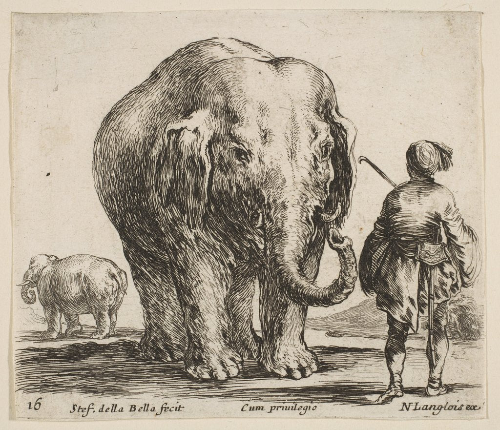 Detail of Plate 16: an elephant in center, his mahout standing to the right wearing an Orient…, ca. 1644-47 by Stefano della Bella