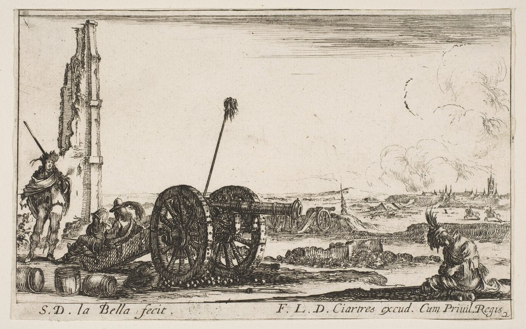 Detail of Plate 2: A cannon to the left, a town in the background, from 'Various Military Capric…, ca. 1641 by Stefano della Bella