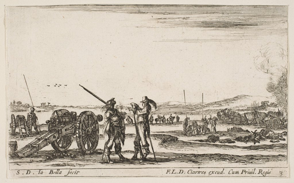 Detail of Plate 3: An officer giving orders to a solider in centre foreground, cannon at left, f…, ca. 1641 by Stefano della Bella