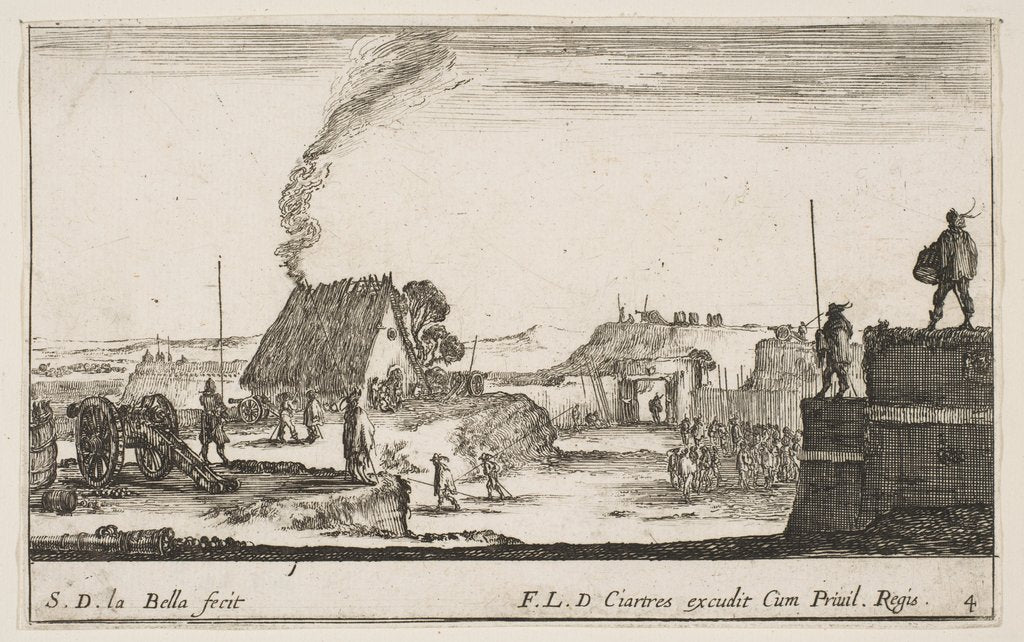 Detail of Plate 4: A military encampment with a soldier standing on a parapet to the right beati…, ca. 1641 by Stefano della Bella