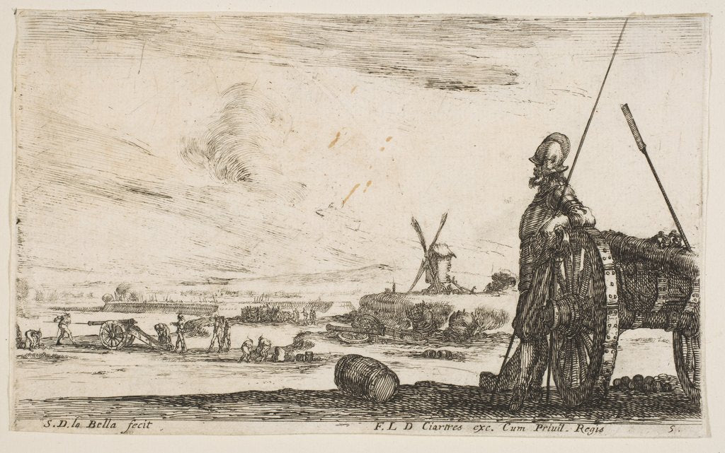 Detail of Plate 5: A Pikeman standing at right next to a cannon, other military figures…, ca. 1641 by Stefano della Bella