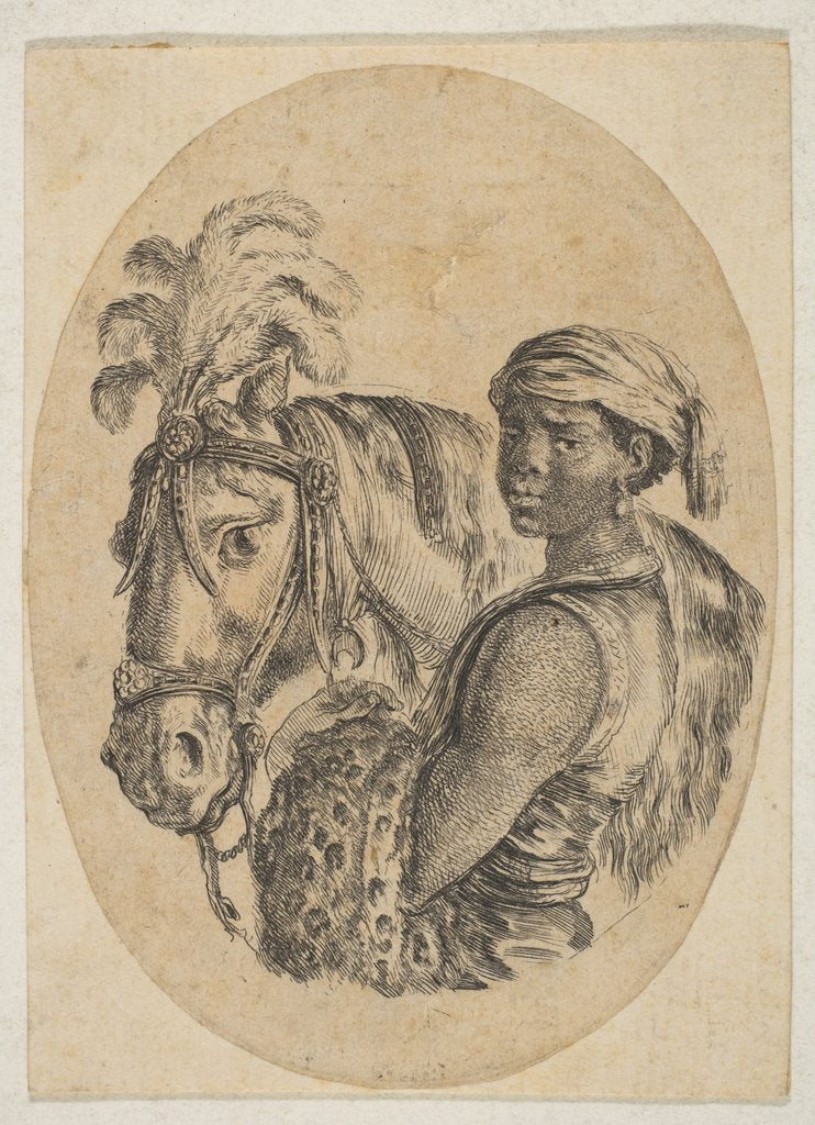 Detail of Black slave carries a leopard pelt and holds the bridle of a horse, from 'Several heads…, 1649-50 by Stefano della Bella